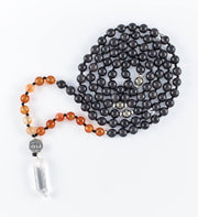 mala beads, mala necklace, black agarwood, orange agate, pyrite, clear quartz